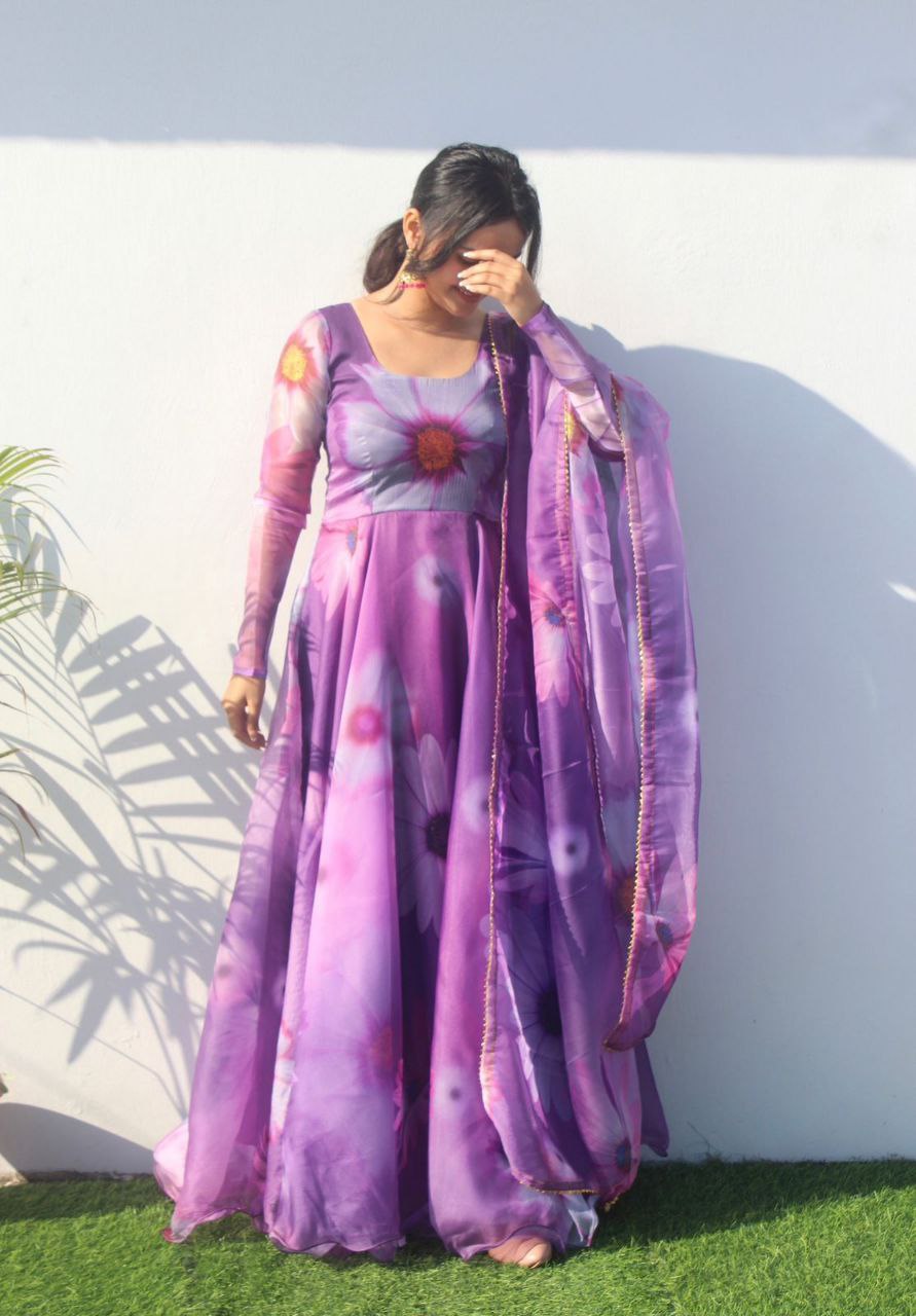 Admiring Lavender Color Digital Print Gown