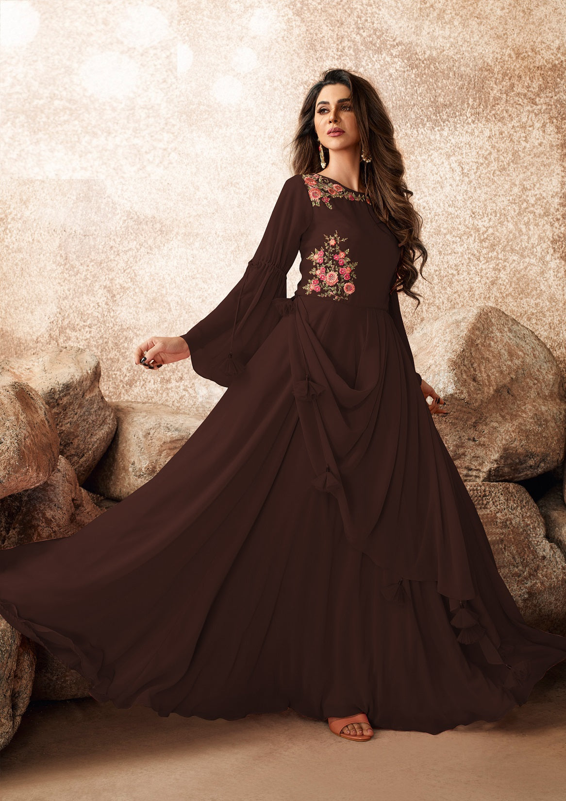 Brown Color Embroidered Work Georgette Gown